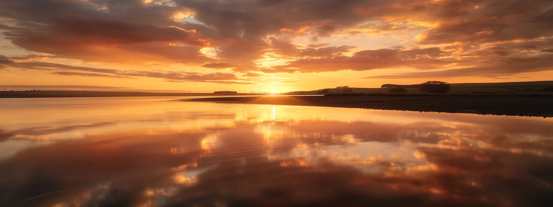 a serene sunset casts a golden glow over a tranquil lake, reflecting vibrant hues of orange and pink in the water, creating a harmonious blend of nature's beauty and calmness.