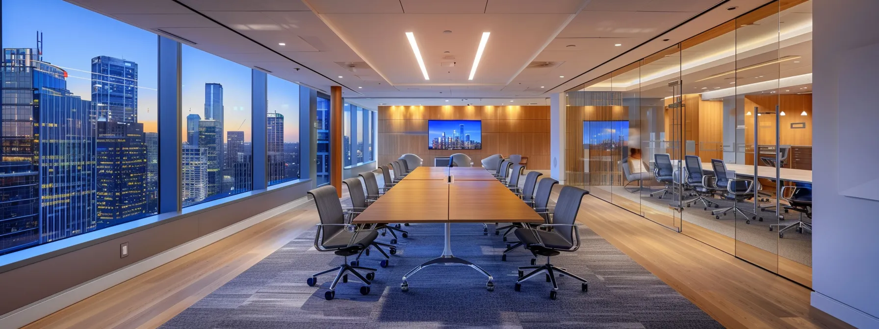 a sleek, modern conference room with an expansive glass wall showcasing a bustling city skyline, illuminated by dynamic artificial lighting that reflects corporate ambition and innovation.