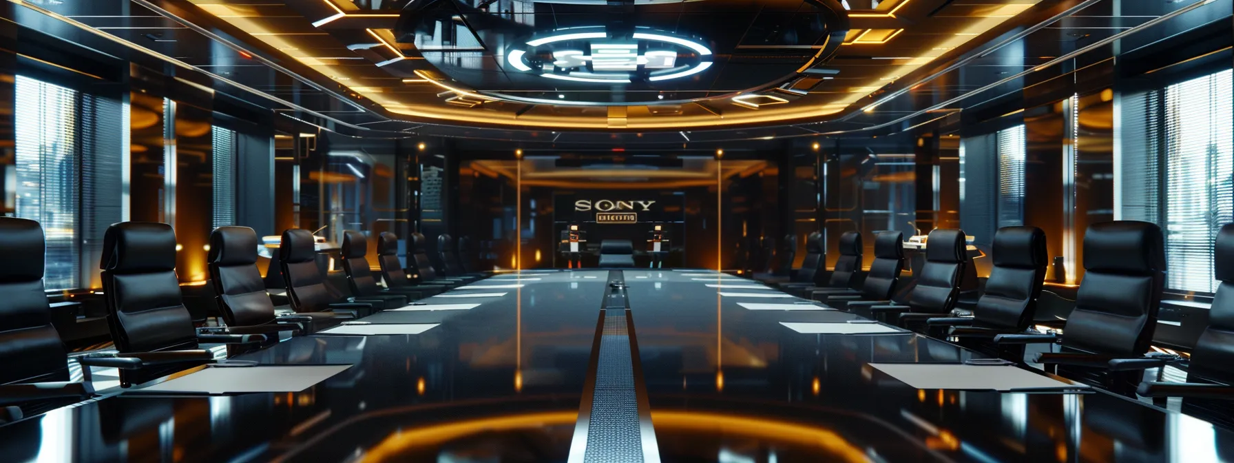 a sleek, modern office boardroom bustling with professionals engaged in a dynamic brainstorming session, illuminated by sharp overhead lights that cast vibrant reflections off the glossy conference table.