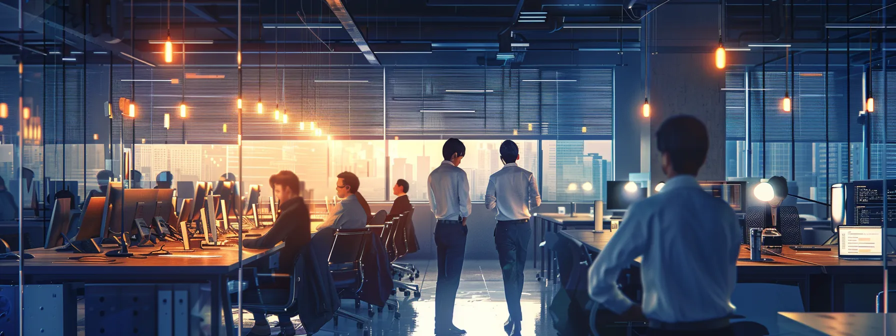 a sleek, modern office bustling with professionals engaged in dynamic discussion, illuminated by striking overhead lights that enhance the vibrant atmosphere of collaboration and innovation.