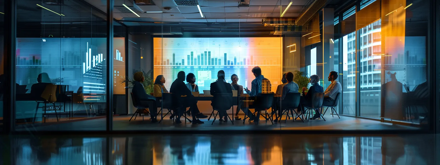 a sleek, modern office conference room filled with diverse professionals engaged in an animated discussion around a glossy table, illuminated by warm overhead lighting that accentuates the vibrant colors of charts and graphs projected on a large screen.