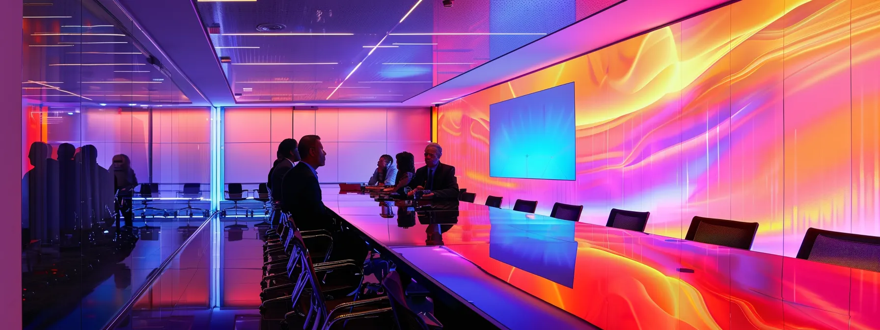 a sleek, modern office conference room, bathed in vibrant artificial lighting, showcases a dynamic digital presentation on a large screen, emphasizing collaboration and innovation among a diverse group of professionals gathered around a stylish glass table.