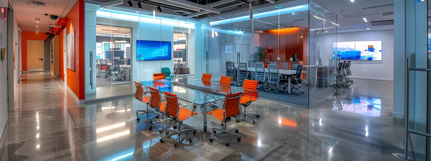a sleek, modern office conference room bathed in sharp artificial light, showcasing a polished glass table surrounded by contemporary ergonomic chairs, where a diverse group of professionals engage in a dynamic discussion, reflecting innovation and collaboration.