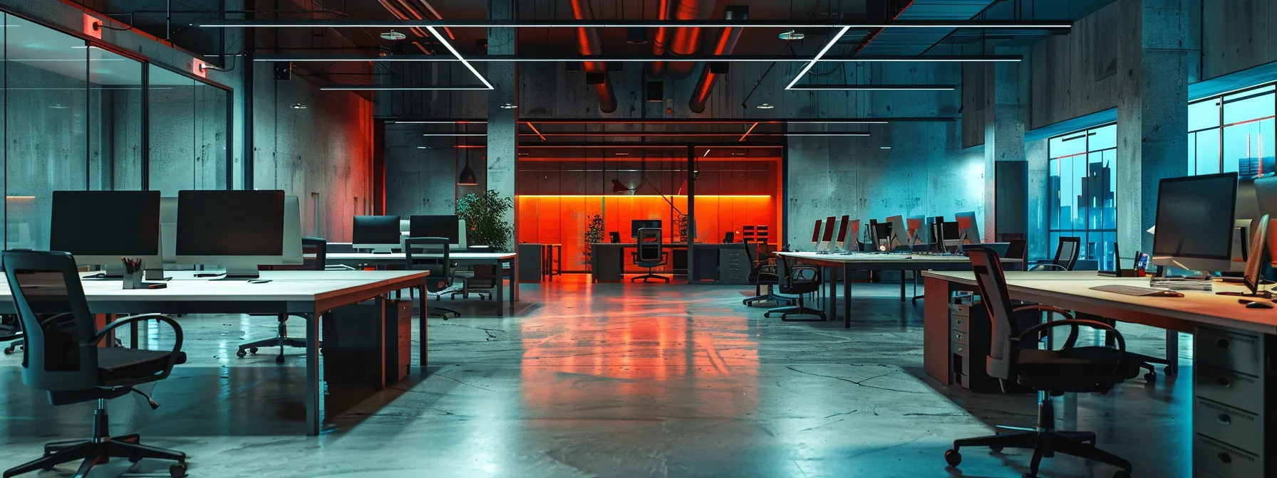 a sleek, modern office filled with collaborative workspaces, showcasing a vibrant blend of technology and creativity, illuminated by bright overhead lighting that enhances the dynamic atmosphere.