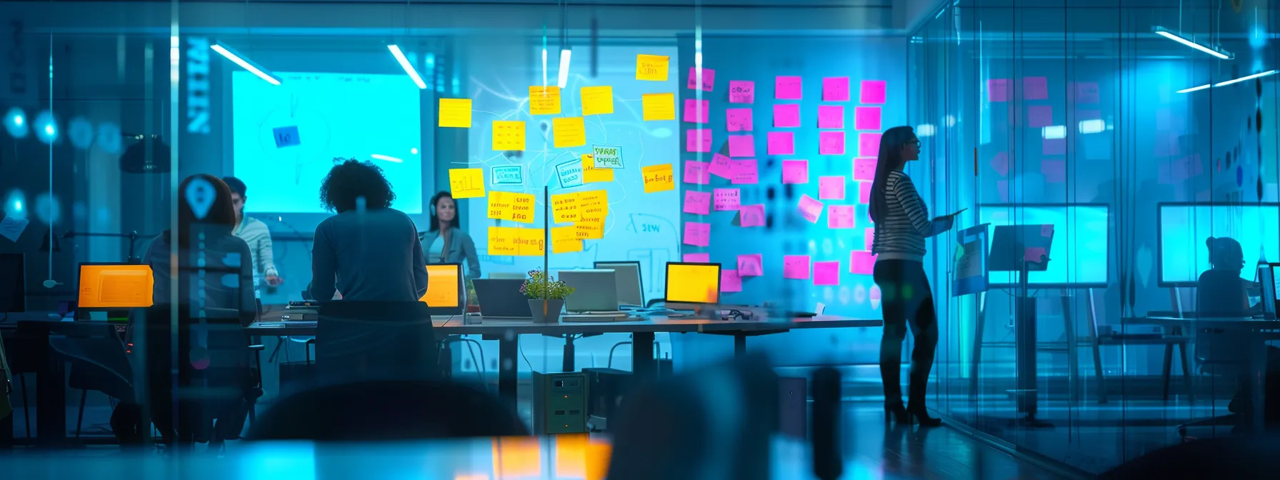 a sleek, modern office interior showcases a team engaged in a dynamic brainstorming session, with vibrant sticky notes and digital screens illuminating the collaborative energy in the air.