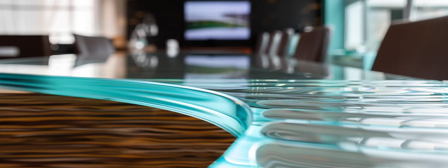 a sleek, modern office space features a luminous conference room with a large glass table surrounded by ergonomic chairs, showcasing a dynamic presentation displayed on a high-tech screen against a backdrop of polished wood and contemporary design elements.