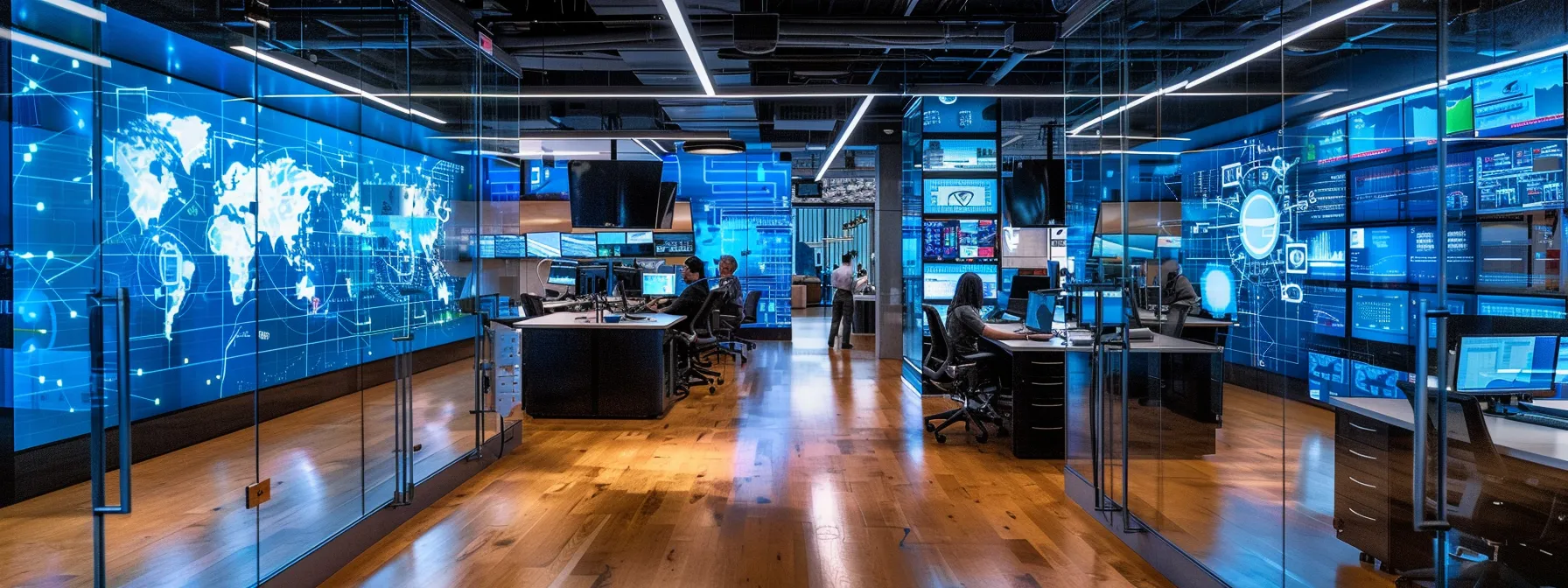 a sleek, modern office space with glass walls and vibrant digital displays showcases a diverse team engaged in dynamic brainstorming sessions, emphasizing innovation and collaboration in a high-tech environment.