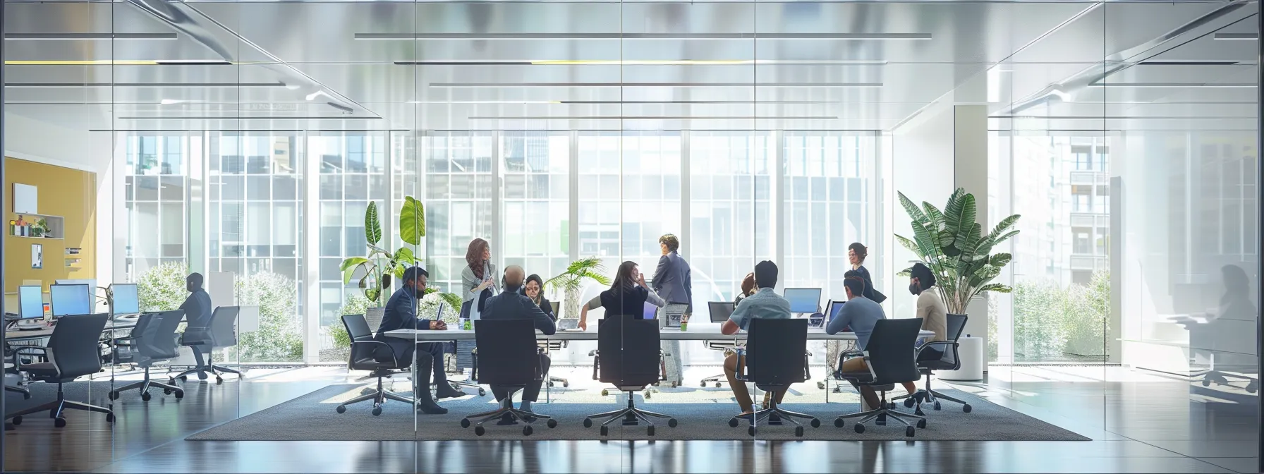 a sleek, modern office space with large glass windows and minimalist furniture showcases a group of diverse professionals collaborating intensely around a central table filled with vibrant digital displays and brainstorming materials.