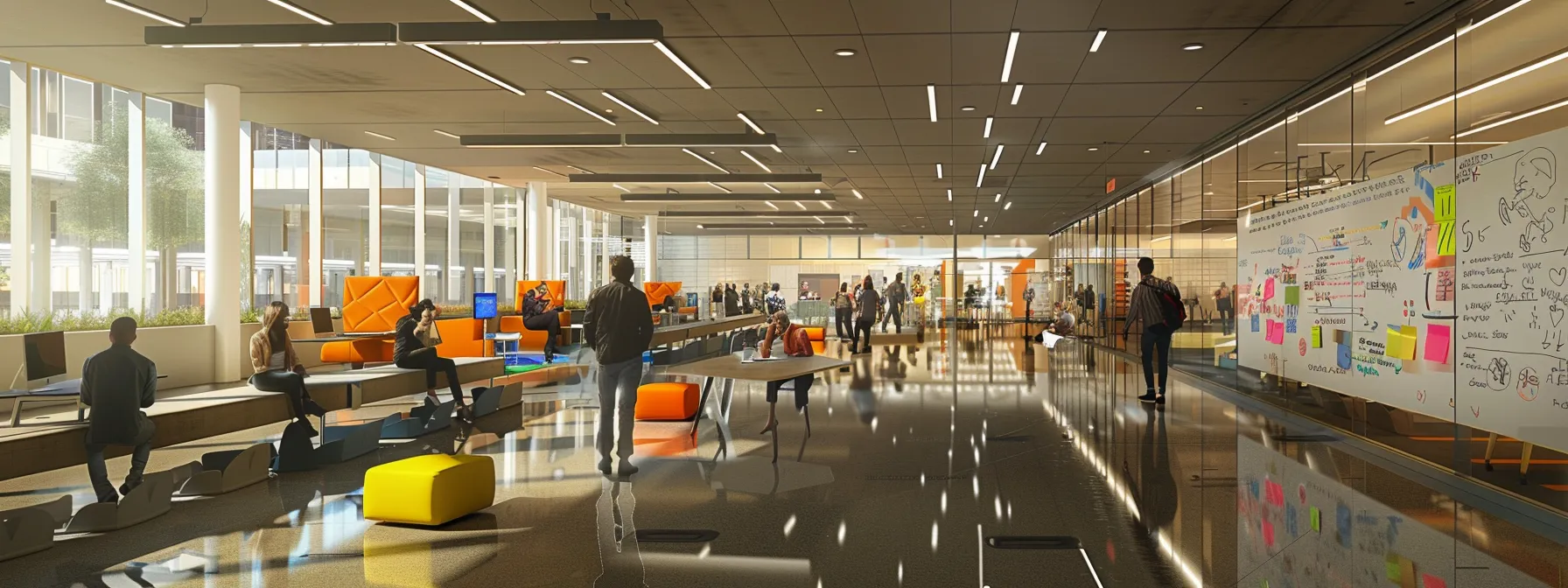 a sleek, modern office space is filled with dynamic professionals engaged in a vibrant brainstorming session, illuminated by bright overhead lights reflecting off polished surfaces and vibrant whiteboard sketches.