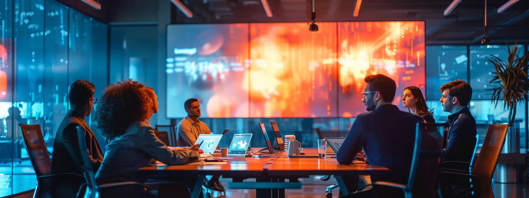 a sleek, modern office space showcases a dynamic team engaged in a lively brainstorming session around a digital touchscreen table, illuminated by soft, ambient lighting that enhances the vibrant atmosphere of collaboration and innovation.