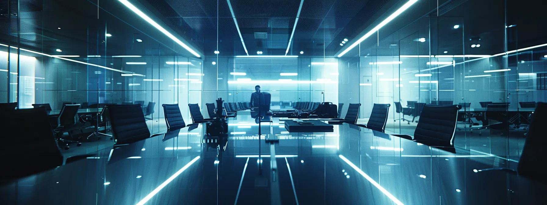 a sleek, modern office space filled with dynamic individuals collaborating around a high-tech conference table, illuminated by bright overhead lights reflecting off glass walls, conveying a sense of innovation and teamwork.