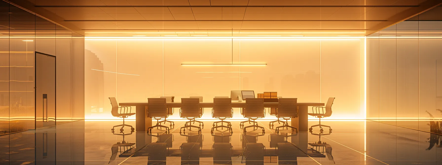 a sleek, modern office space is illuminated by bright overhead lights, showcasing a large, polished conference table surrounded by ergonomic chairs that reflect an atmosphere of collaboration and innovation.