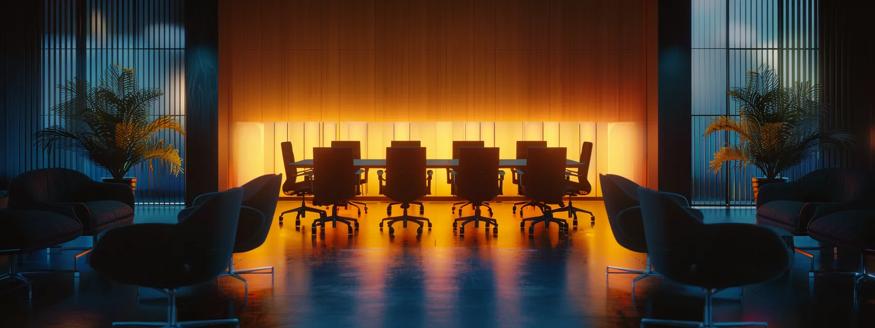 a sleek, modern office space is illuminated by warm, ambient lighting, featuring a prominently displayed high-tech conference table surrounded by minimalist chairs, conveying a sense of innovation and collaboration.