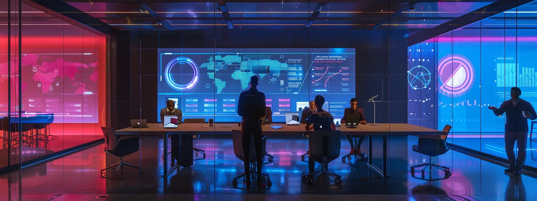 a sleek, modern office space is illuminated by soft, ambient lighting, showcasing a diverse group of confident professionals engaged in a dynamic brainstorming session around a glossy conference table adorned with digital devices and vibrant charts.