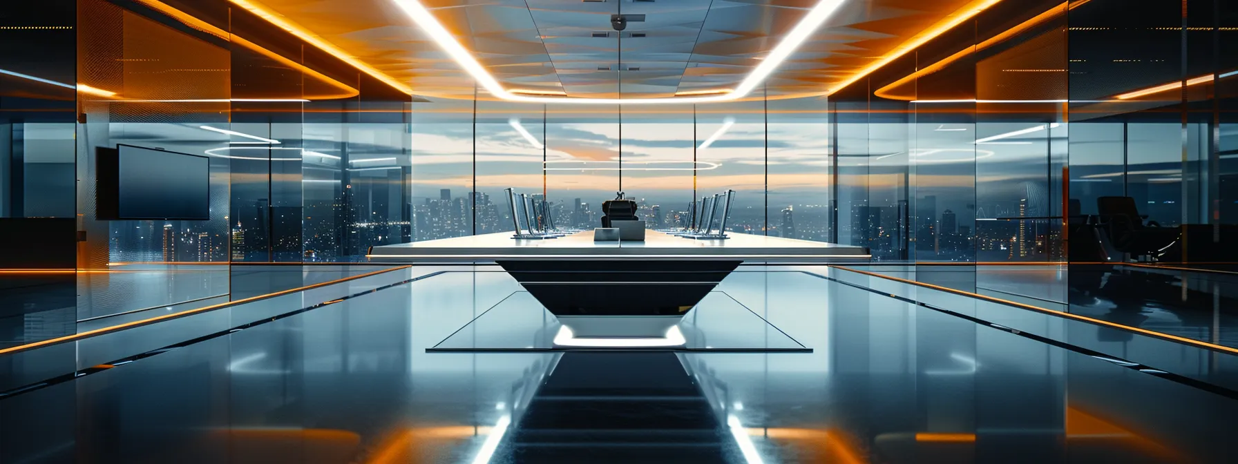 a sleek, modern office space is illuminated by sharp, artificial lighting, featuring a large, polished conference table surrounded by state-of-the-art technology and vibrant digital displays, reflecting a dynamic business atmosphere.