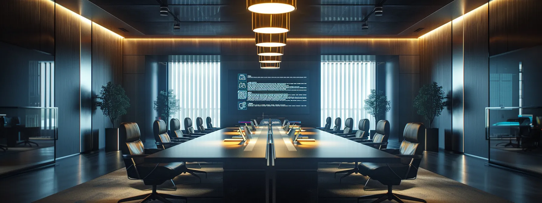 a sleek, modern office space features a large conference table illuminated by overhead pendant lights, with vibrant digital screens displaying innovative business strategies against a backdrop of minimalist decor.