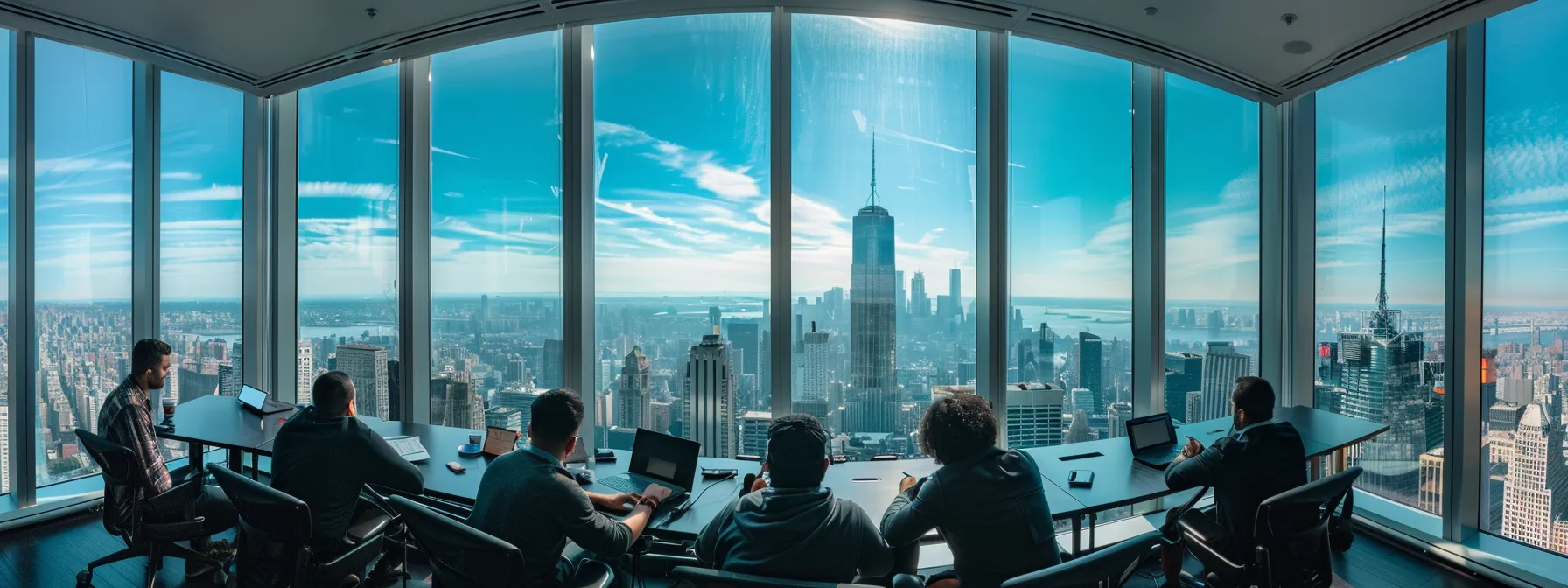a sleek, modern office with a panoramic city view, showcasing a group of diverse professionals engaged in an intense brainstorming session around a high-tech conference table.