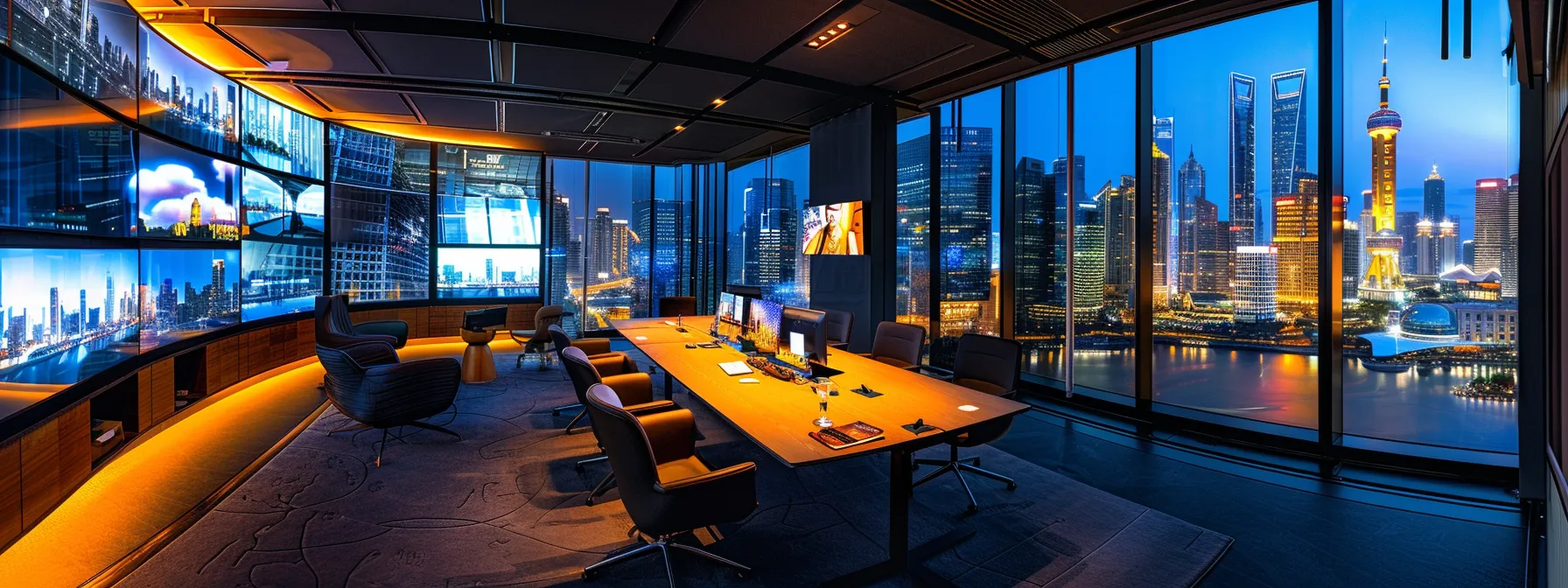a sleek modern office with a panoramic view of a bustling city skyline, featuring a polished conference table surrounded by contemporary chairs and vibrant tech gadgets, illuminated by soft, focused lighting that highlights the professional atmosphere.