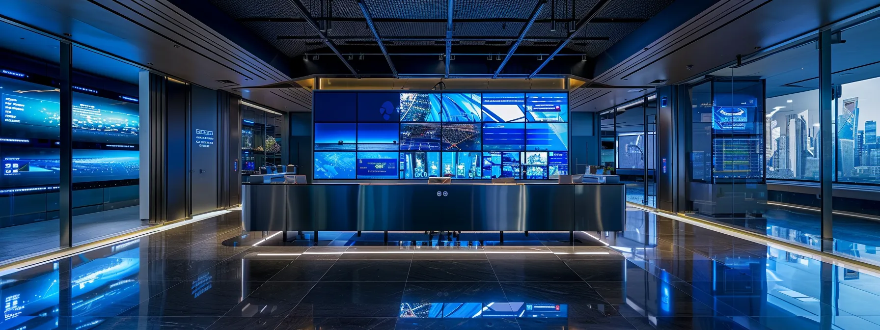 a sleek, modern office workspace features an array of high-tech gadgets and vibrant digital displays, conveying a cutting-edge atmosphere of innovation and productivity.