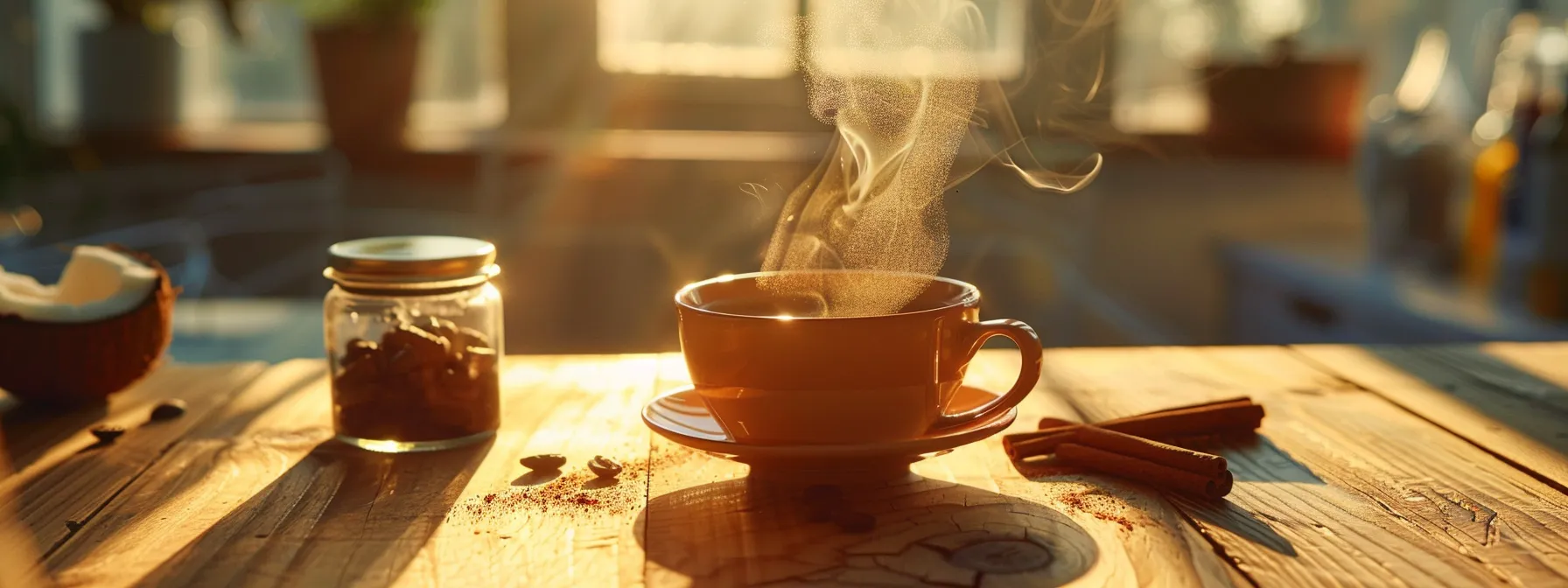 a steaming cup of black coffee sits elegantly on a rustic wooden table, surrounded by vibrant cinnamon sticks and a small jar of coconut oil, radiating warmth and inviting energy amidst a serene morning light.