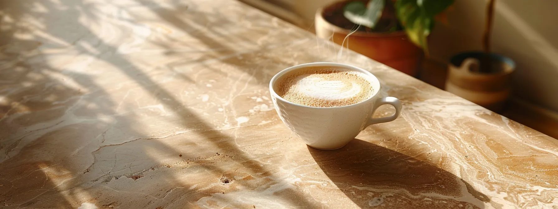 a steaming cup of coffee with a delicate swirl of sugar-free creamer dances atop a polished table, bathed in soft morning light, symbolizing a balance between indulgence and healthy choices during fasting.
