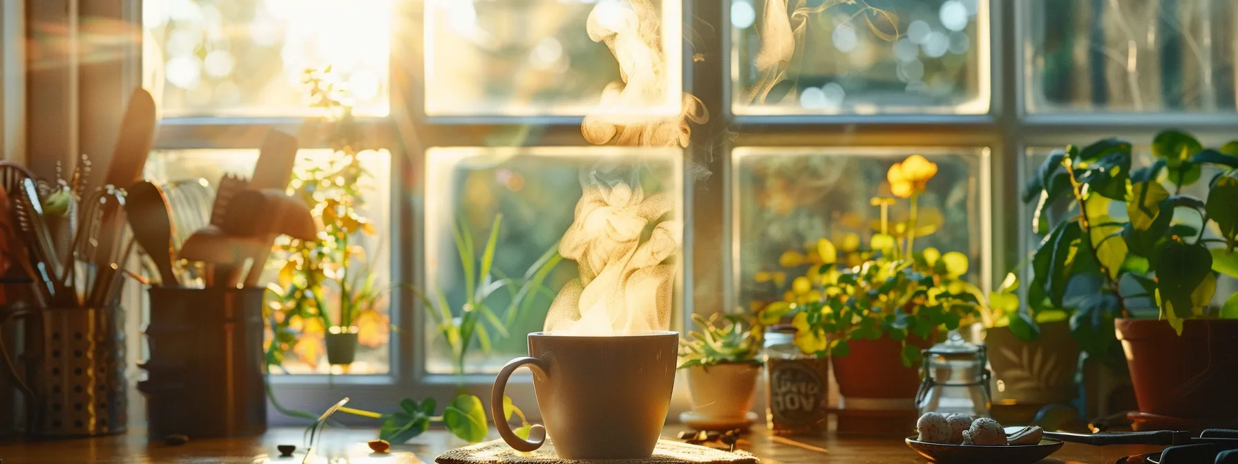 a steaming cup of rich mushroom coffee sits amidst a serene, sunlit kitchen, exuding warmth and health, with earthy mushrooms and vibrant herbs subtly surrounding it to highlight its natural benefits.