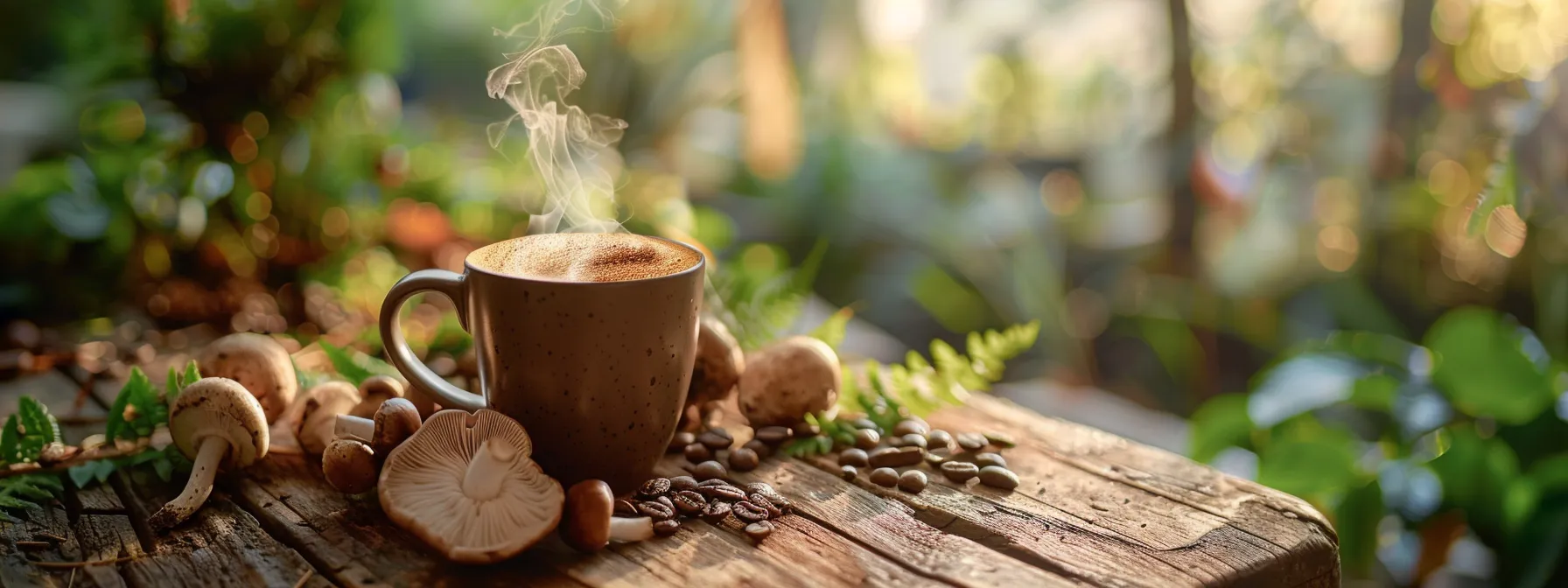 a steaming cup of rich, earthy mushroom coffee sits on a rustic wooden table surrounded by fresh mushrooms and vibrant green foliage, bathed in warm, natural light that highlights its inviting aroma and healthful essence.
