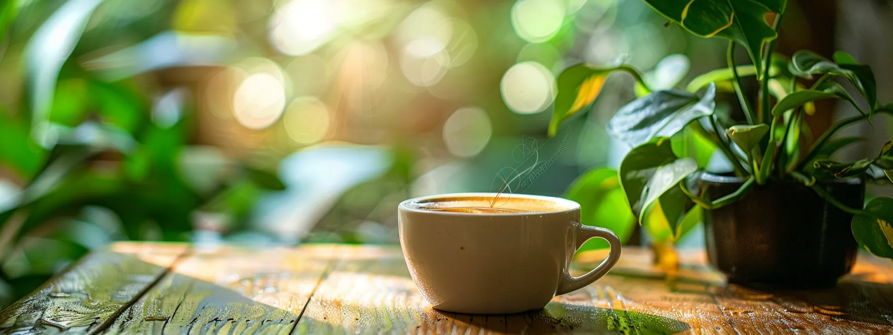 a steaming cup of rich, dark coffee sits on a rustic wooden table, surrounded by vibrant green plants, symbolizing a harmonious balance between fasting and mindful consumption.