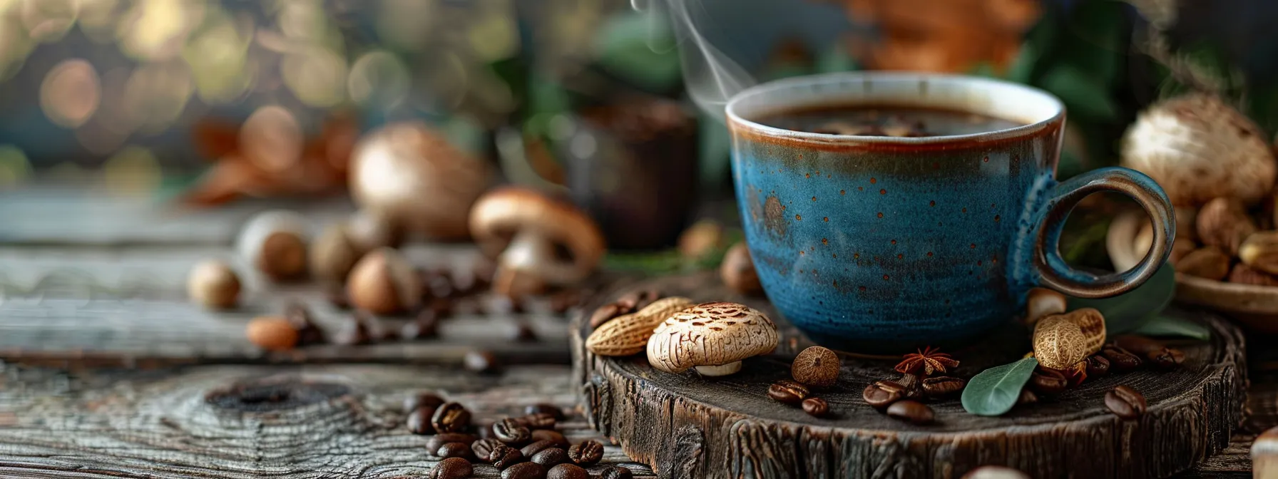 a steaming cup of rich, dark vegan mushroom coffee sits elegantly on a rustic wooden table, surrounded by a vibrant blend of nuts and herbs, highlighting a harmonious fusion of health and flavor.