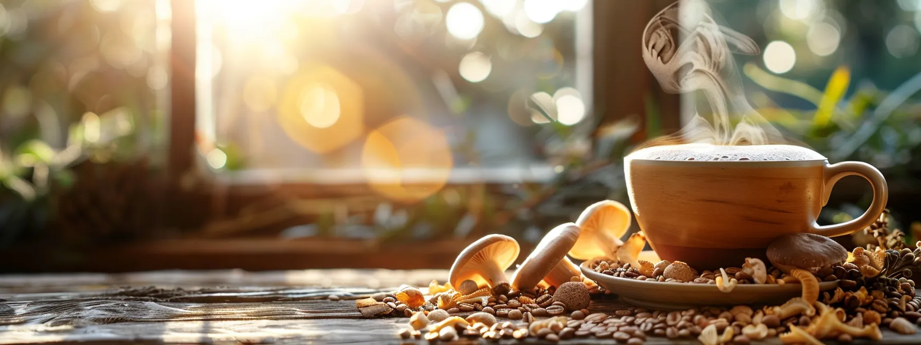 a steaming cup of rich, earthy mushroom coffee sits on a rustic wooden table, surrounded by fresh reishi mushrooms and whole grains, illuminated by soft morning light that enhances the vibrant colors and textures, conveying the theme of health and wellness in cholesterol management.