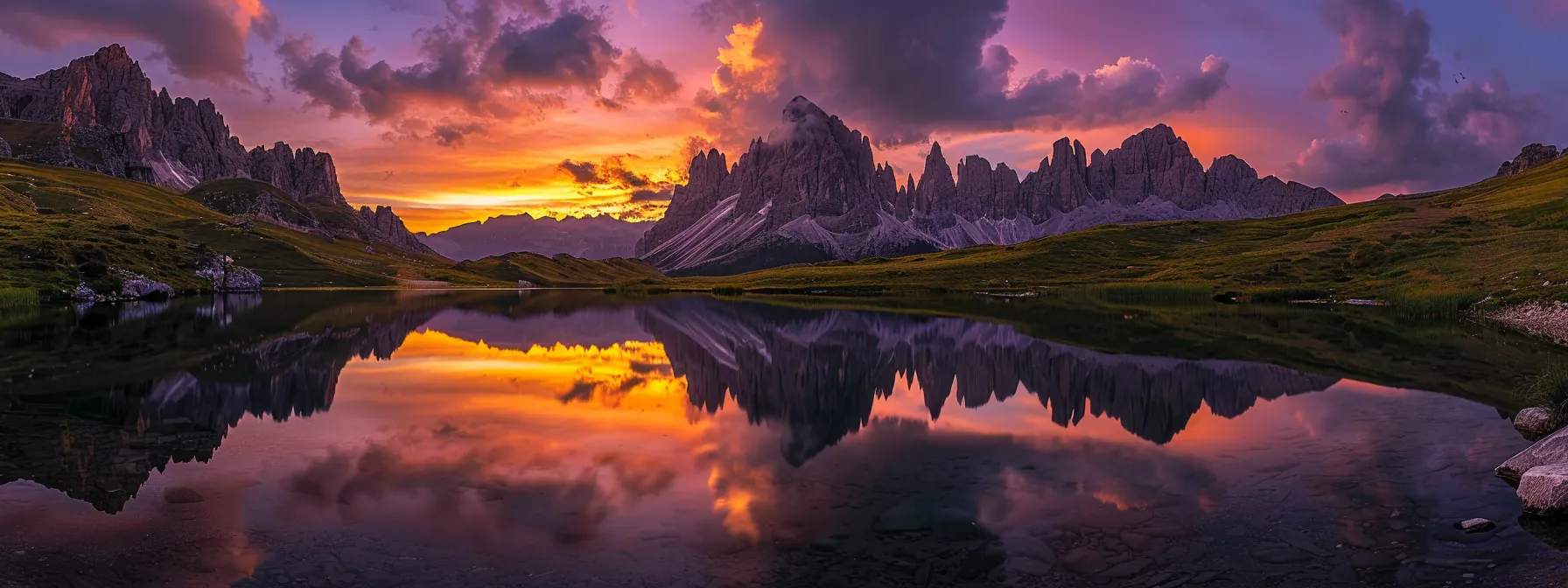 a stunning sunset over a tranquil lake reflects vibrant hues of orange and purple in the sky, with serene mountains silhouetted in the background, capturing a moment of peaceful solitude.