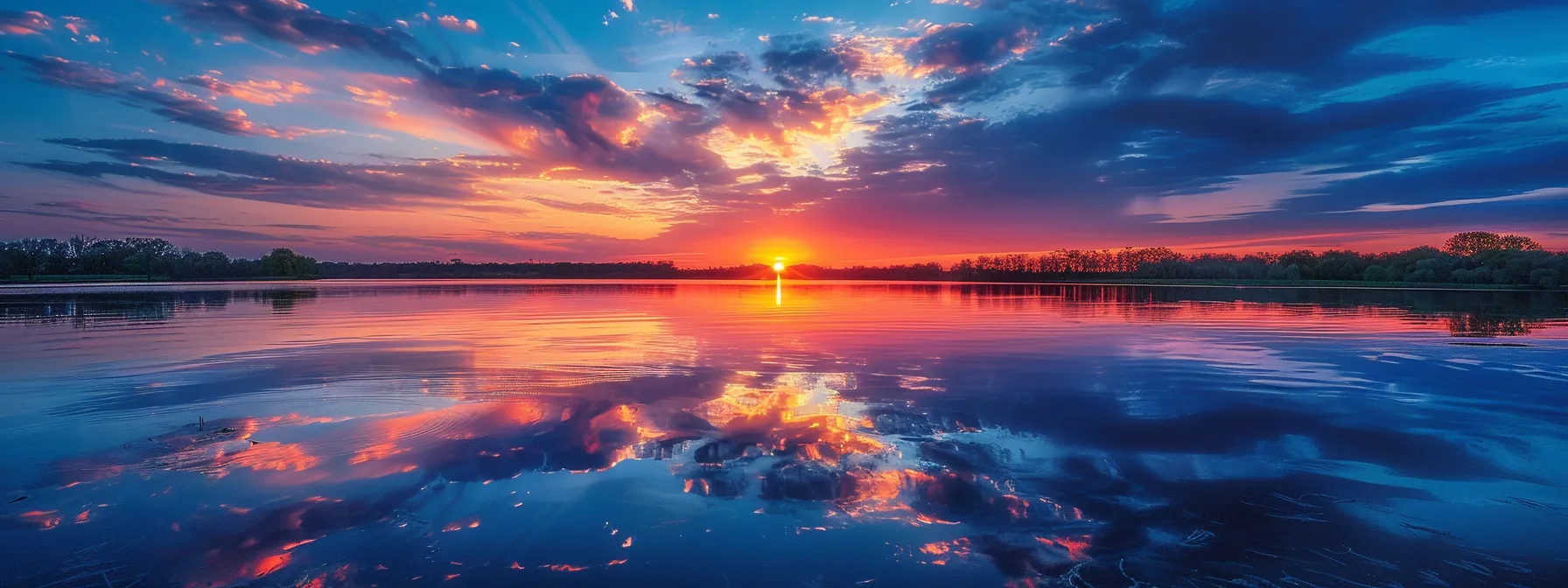 a stunning, vibrant sunset casts a warm glow over a serene lake, with the reflection of colorful clouds shimmering on the water's surface, embodying a tranquil moment in nature.