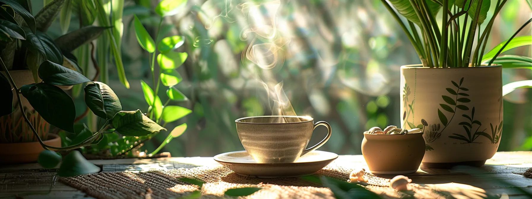 a tranquil morning setting features a steaming cup of rich, earthy mudwater mushroom blend, surrounded by lush greenery and soft natural light, evoking a sense of wellness and rejuvenation.