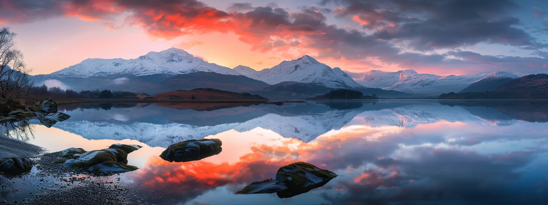 a tranquil mountain landscape at dawn, with vibrant orange and pink hues illuminating the snow-capped peaks and a serene lake reflecting the breathtaking sky.