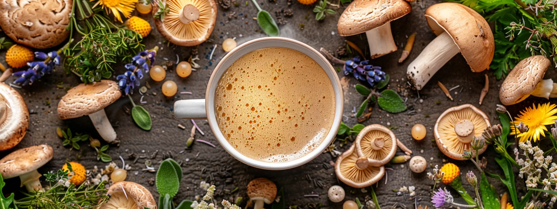 a vibrant and inviting flat lay of a steaming cup of mushroom coffee surrounded by fresh mushrooms, bright herbs, and health-related supplements, all bathed in soft, natural light to evoke a sense of wellness and vitality.