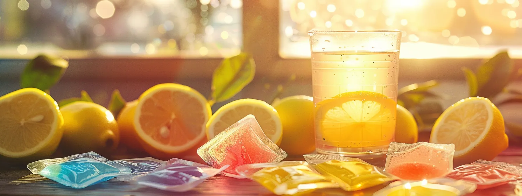a vibrant arrangement of colorful electrolyte powder packets spills across a wooden table, with fresh lemons and a glass of refreshing water glistening in soft, natural sunlight, highlighting the energetic essence of hydration and muscle wellness.