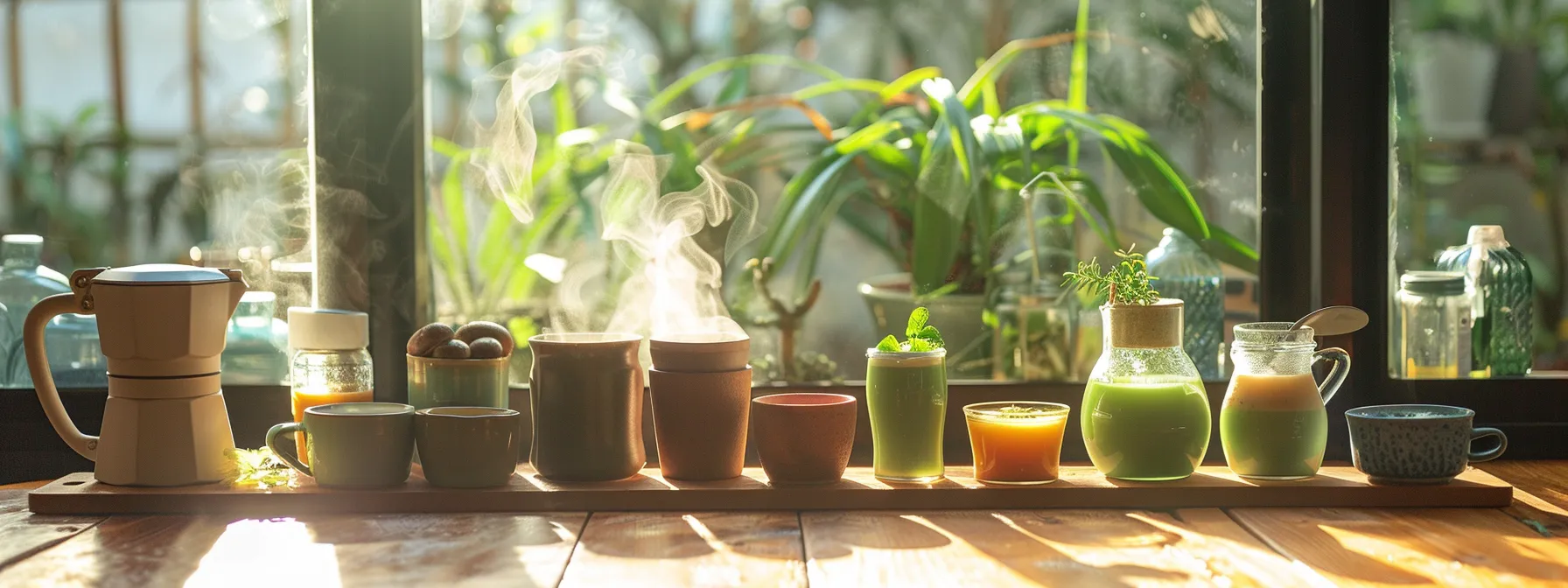 a vibrant arrangement of steaming cups of mushroom coffee, black tea, and green smoothies on a wooden table, bathed in soft morning light, emphasizes a health-focused lifestyle and the natural beauty of nourishing beverages.