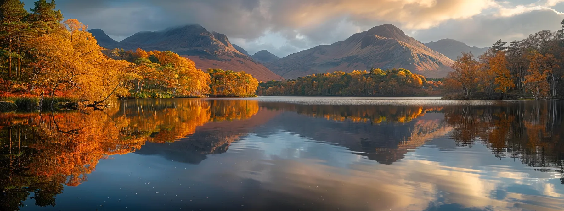 a vibrant autumn landscape showcases a tranquil lake reflecting brilliant orange and gold foliage, bathed in soft, golden sunlight that casts a serene glow over the scene.