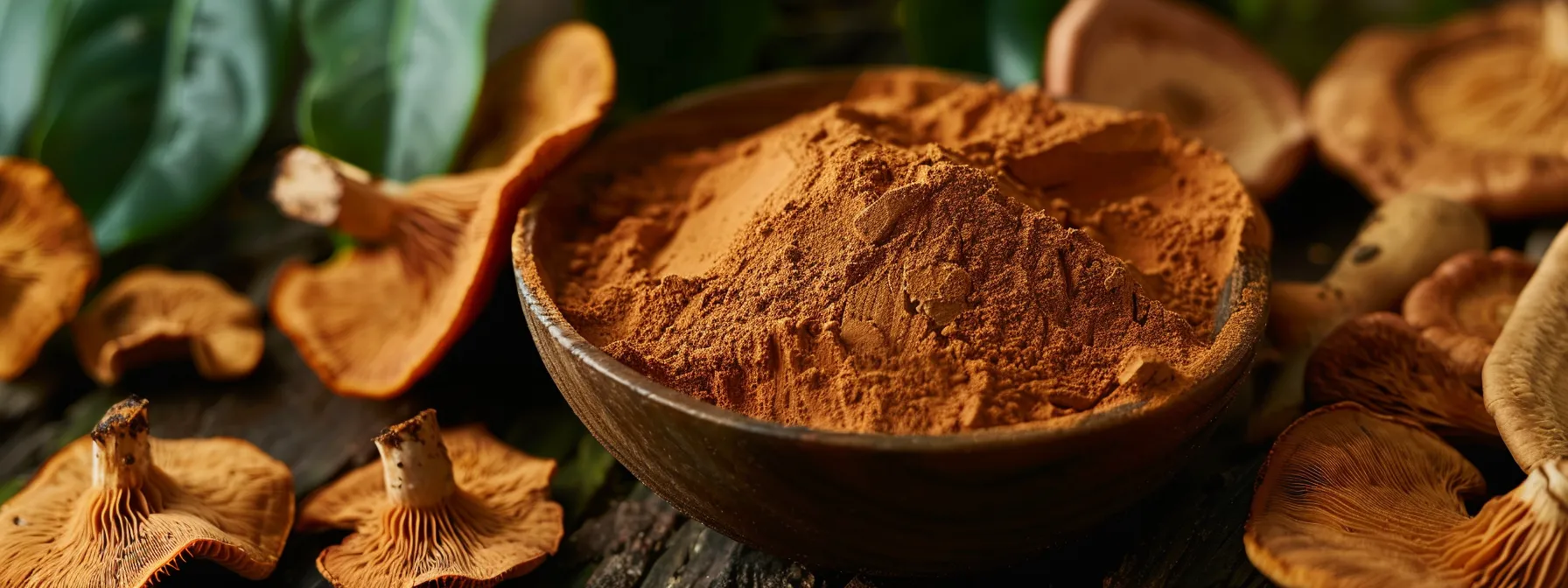 a vibrant close-up of organic reishi mushroom powder nestled in a rustic wooden bowl, surrounded by fresh reishi mushrooms and lush greenery, illuminated by soft, natural light to emphasize its earthy tones and healthful essence.