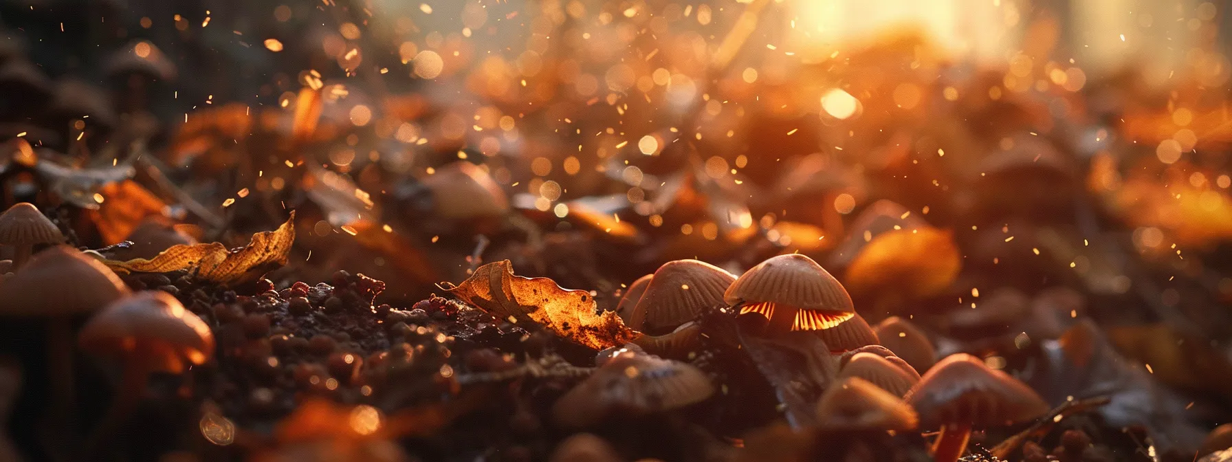 a vibrant close-up of a diverse assortment of mushrooms nestled in rich, earthy soil, illuminated by soft, dappled sunlight filtering through leaves, reflecting the themes of natural energy and focus.