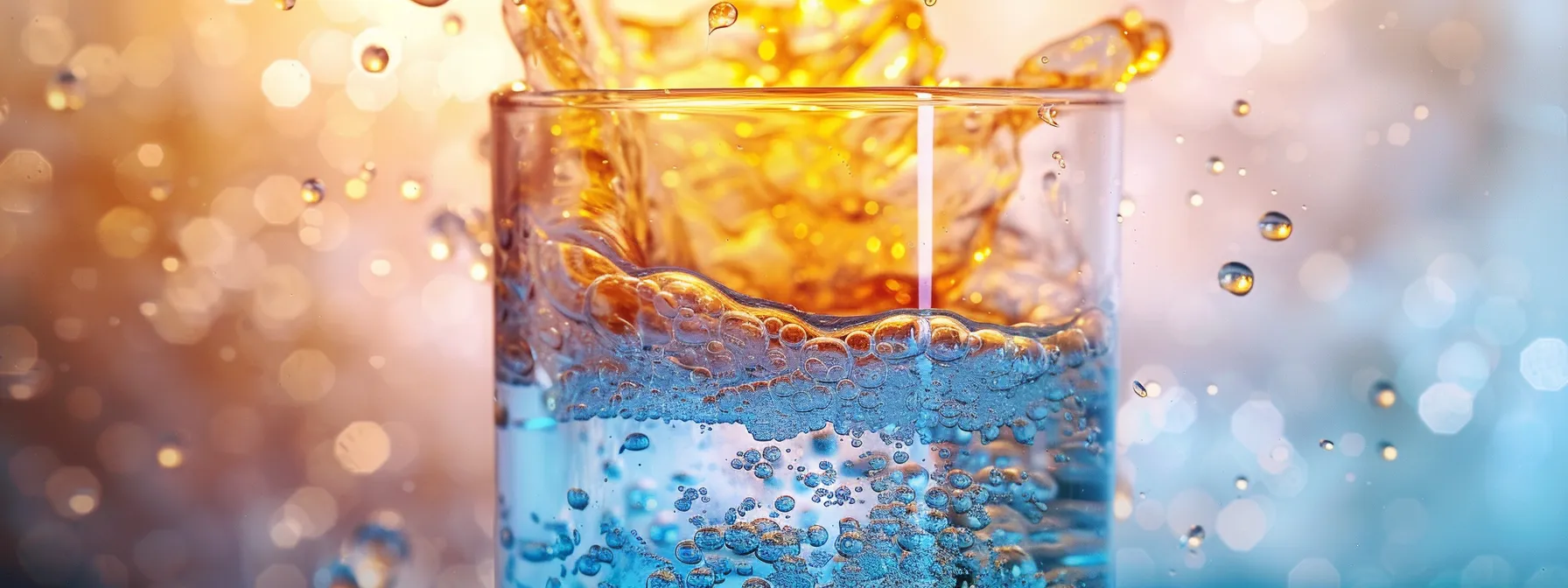 a vibrant, close-up view of a crystal-clear glass filled with vibrant electrolyte powder dissolving in water, symbolizing hydration and vitality against a softly blurred natural backdrop.