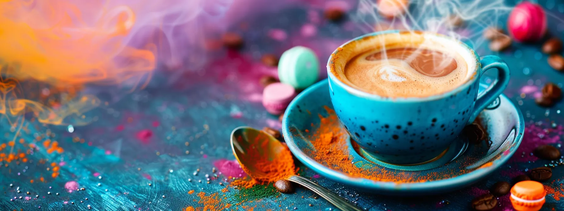 a vibrant coffee scene featuring a steaming cup of rich, dark espresso surrounded by an array of colorful non-dairy milk alternatives and natural flavoring ingredients, illuminated by soft morning light to evoke a sense of health and vitality.