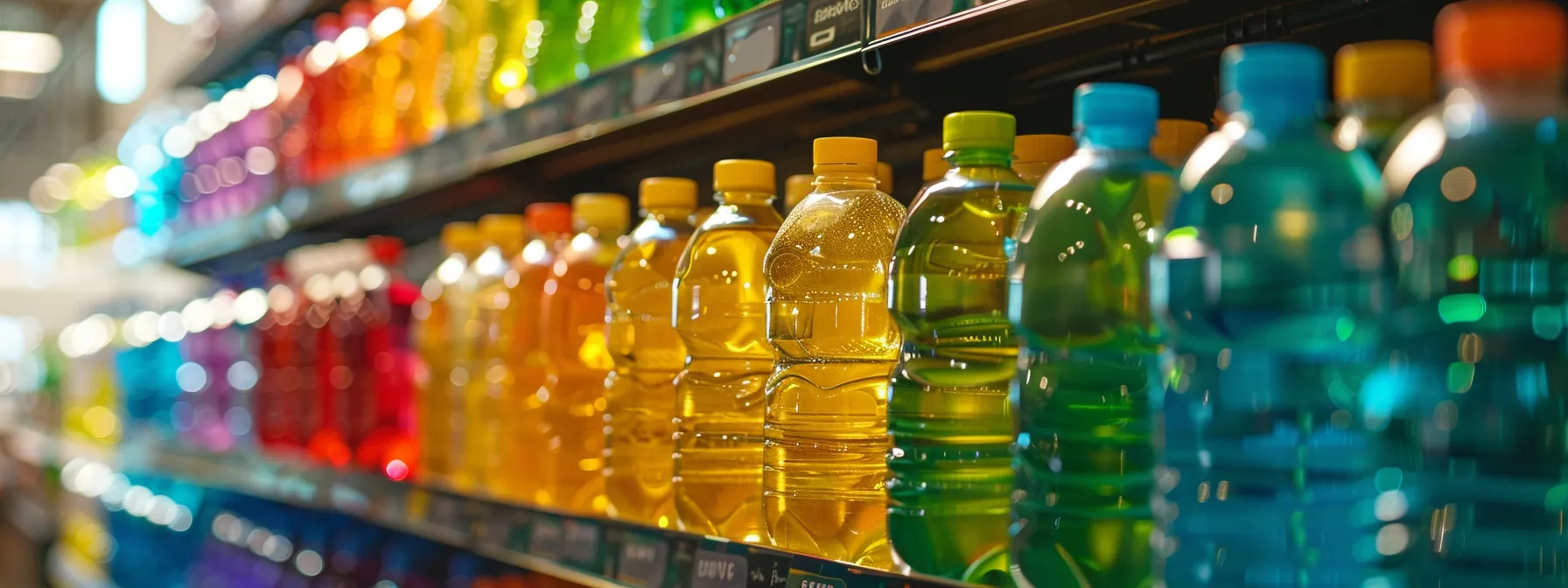 a vibrant display of colorful hydration products arranged in bulk, radiating energy and wellness, set against a soft-focus background that conveys a sense of community and informed consumerism.