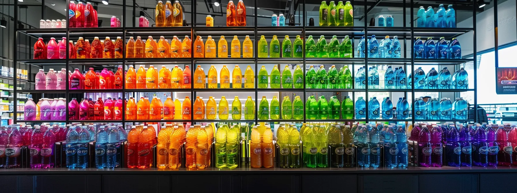 a vibrant display of colorful energy hydration products neatly arranged in bulk, highlighting the potential savings and benefits of purchasing larger quantities, set against a sleek, modern backdrop that emphasizes efficiency and informed consumer choices.
