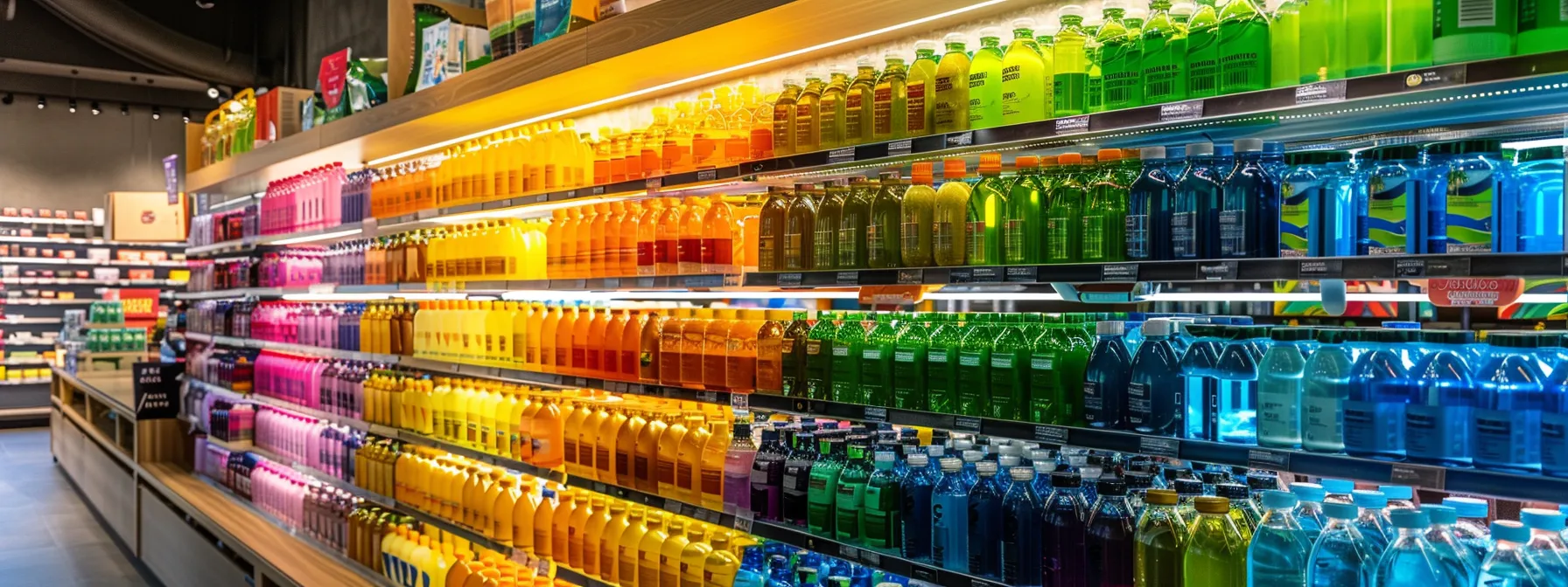 a vibrant display of energy hydration products arranged in bulk at a bright, inviting health store, highlighting various colorful packaging that emphasizes wellness and nutrition amidst an engaging, lively atmosphere.