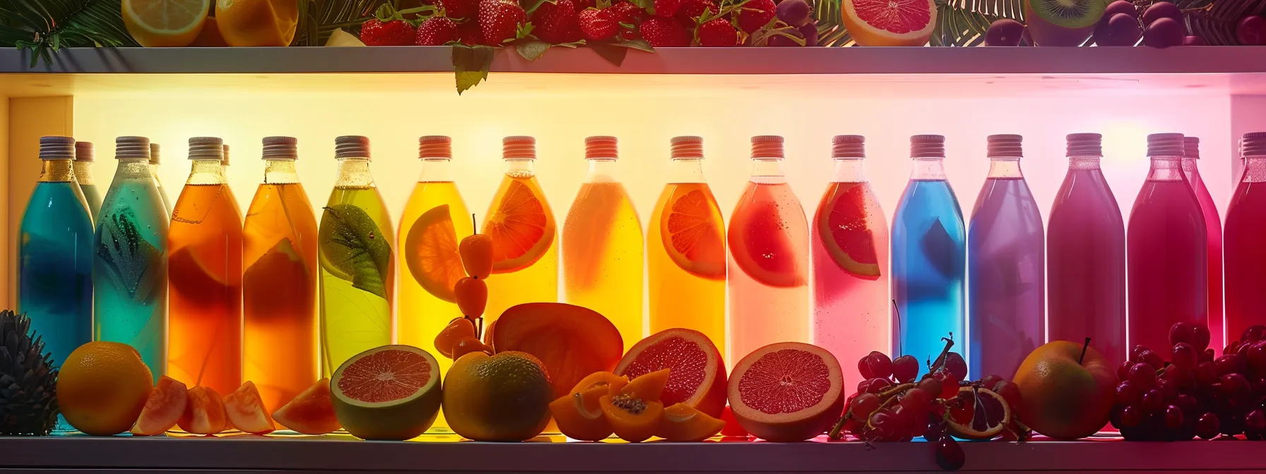 a vibrant display of high-quality element electrolytes, featuring colorful bottles arranged aesthetically with fresh fruits and natural ingredients, illuminated by soft, warm light to emphasize their appeal and premium quality.