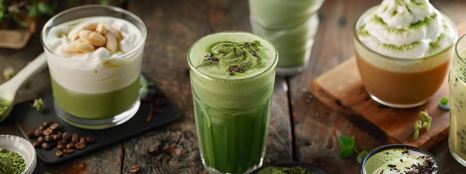 a vibrant display of matcha tea and vanilla-infused beverages, bathed in soft natural light, highlights their rich colors and textures, showcasing the nutritional benefits and soothing qualities of these popular coffee alternatives.