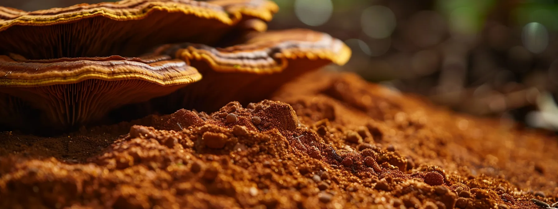 a vibrant display of organic reishi mushroom powder in a natural setting, highlighting its rich earthy tones and textures, bathed in soft, diffused sunlight to emphasize its health benefits and nutritional appeal.