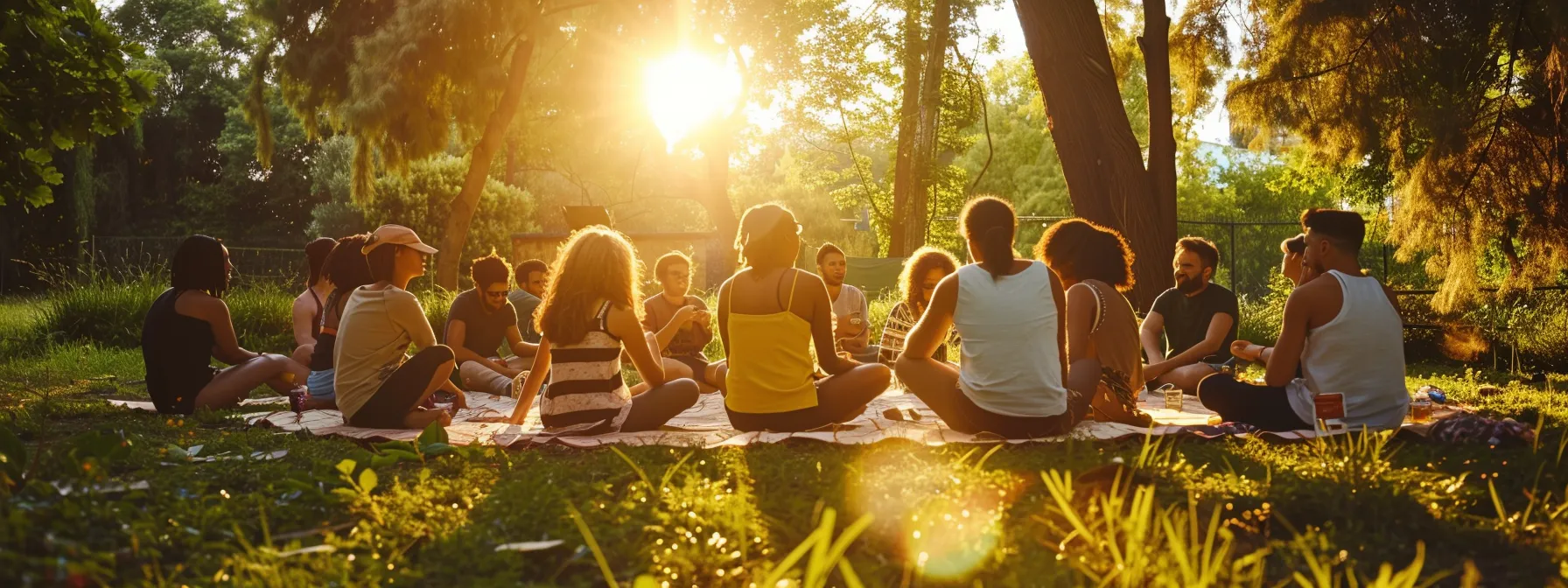 a vibrant gathering of diverse individuals sharing stories and experiences in a sunlit park, surrounded by lush greenery, symbolizing community and connection over mudwater mushrooms for enhanced energy and focus.