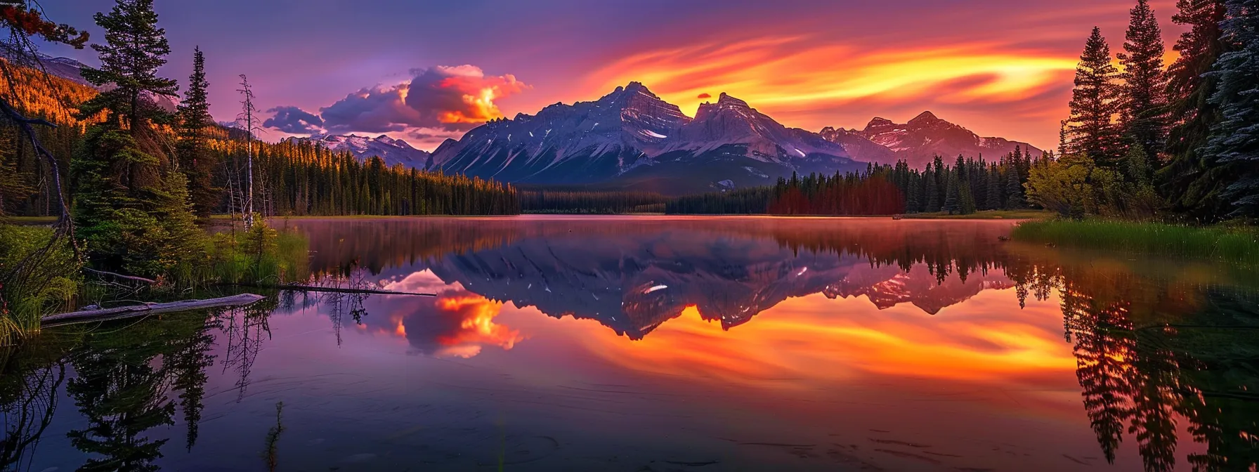 a vibrant golden sunset casts a warm glow over a tranquil lake, reflecting the fiery colors in perfect harmony with the silhouetted mountain range in the background.